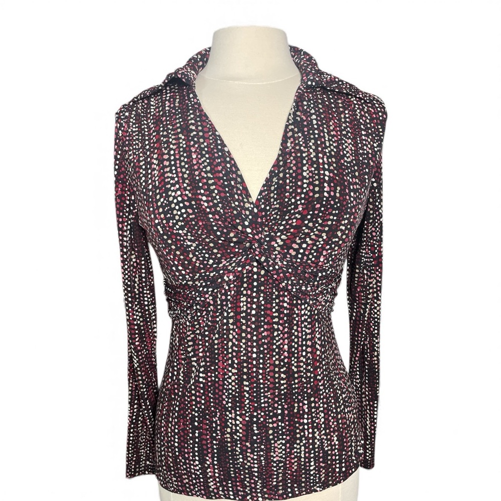 Nicole Miller Black Multicolor Dot Print Ruched Collared Top Small Long Sleeve